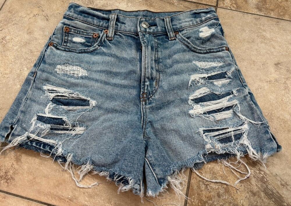 American Eagle Shorts Womens 0 Blue Denim Stretch Raw Hem Cutoff Distressed